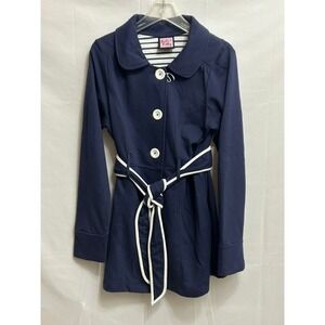 NWOT LA Kitty Navy Blue Nautical Knit Trench Jacket White Trim Belted Size XL